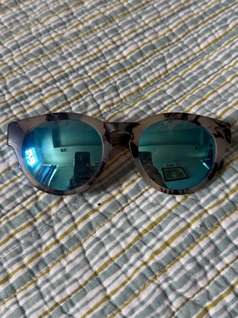 One A Cat-Eye Sunglasses with Blue Mirrored Lenses and Gray Tortoiseshell Frame